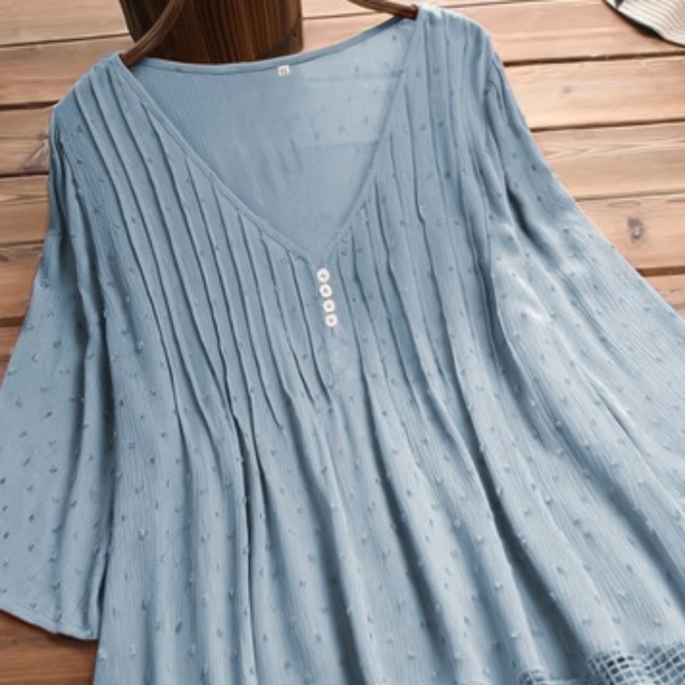 Plus Size Wave Trim Cut Out Top Elegant Long Sleeve Button Up